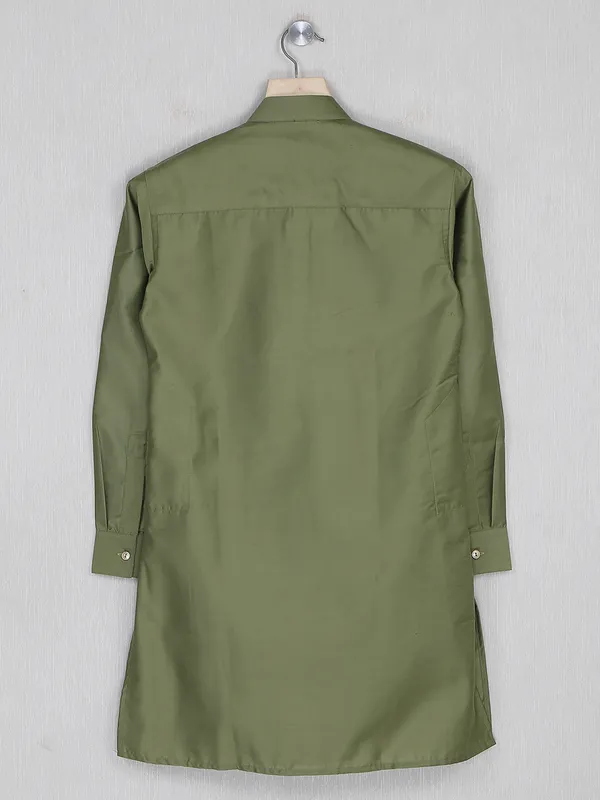 Olive plain festive wear kurta suit in cotton
