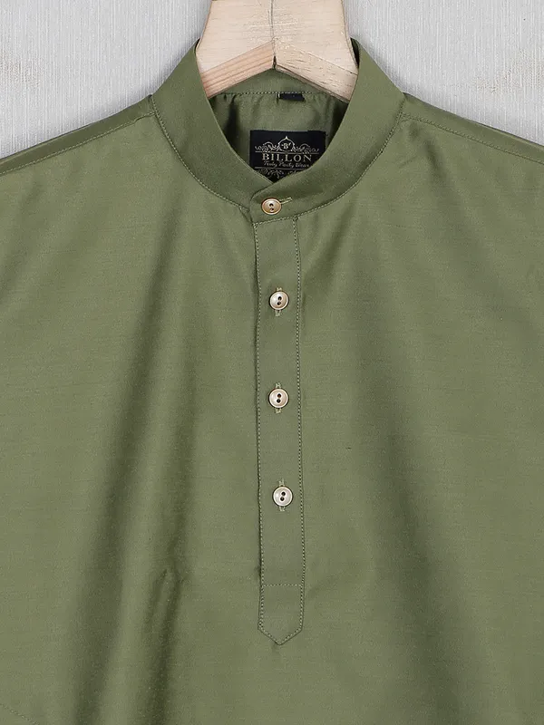 Olive plain festive wear kurta suit in cotton