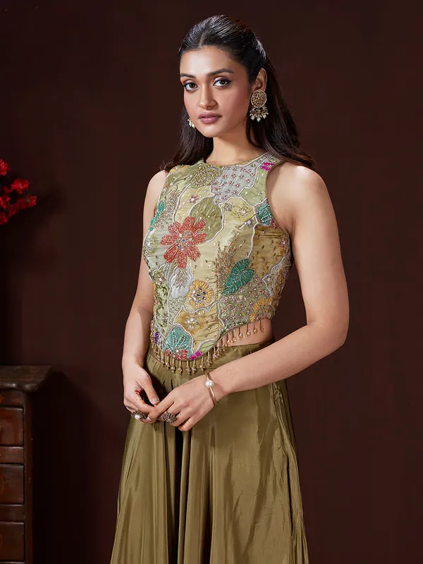 Olive printed crepe silk palazzo suit for festival