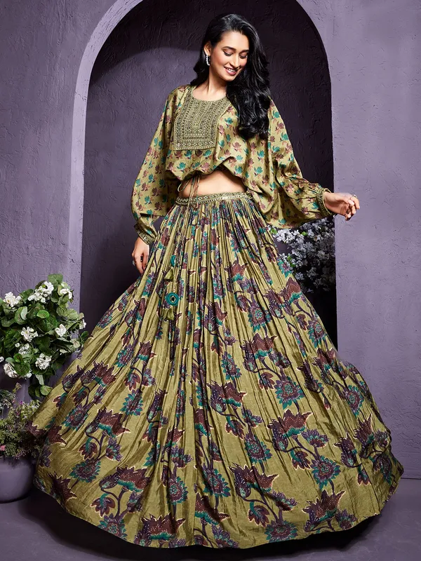Olive printed crop top with lehenga