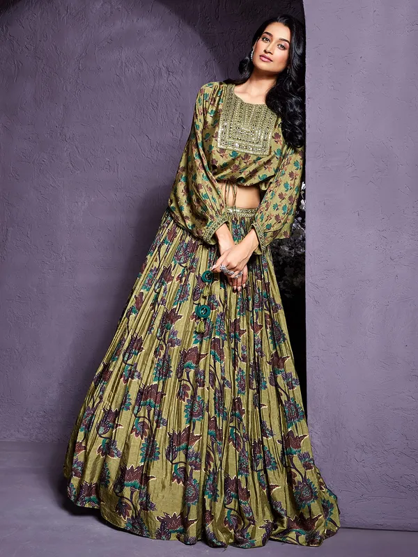 Olive printed crop top with lehenga