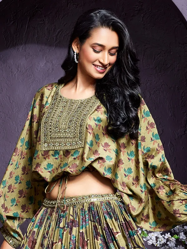 Olive printed crop top with lehenga