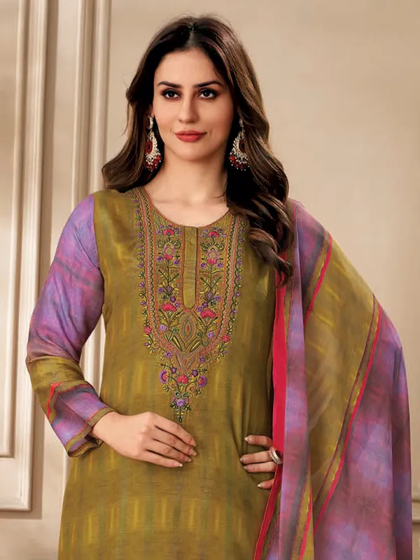 Olive printed dola silk salwar suit with print