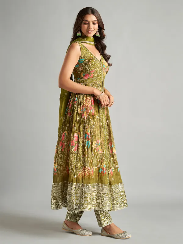 Olive printed front slit salwar suit