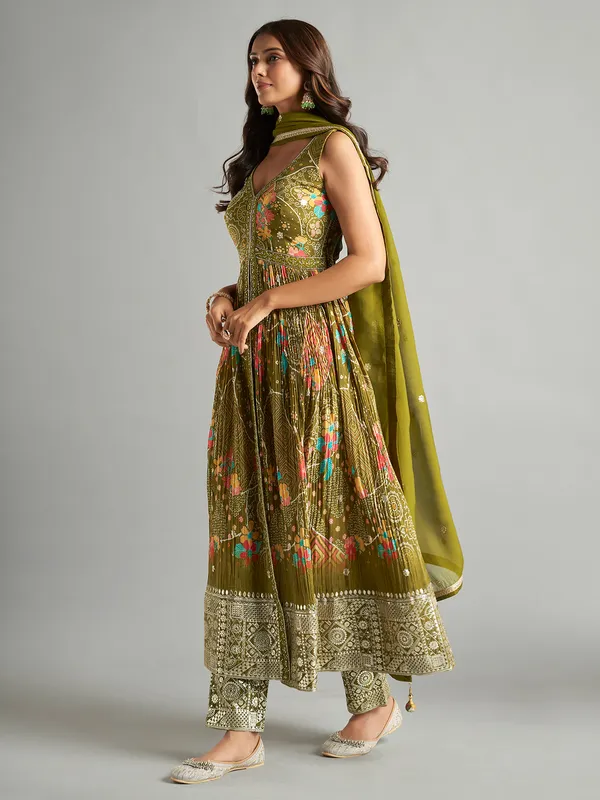 Olive printed front slit salwar suit