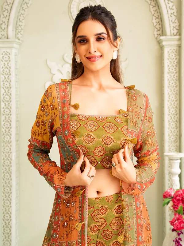 Olive printed georgette jacket style sharara suit