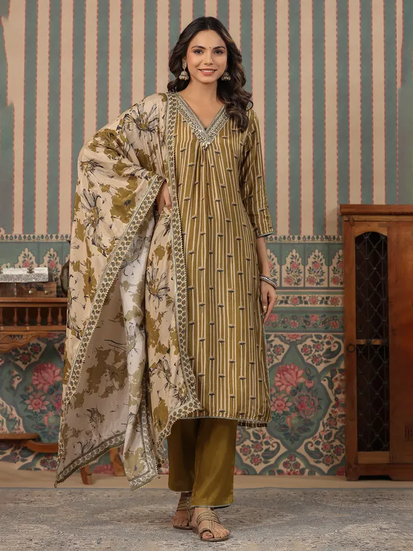 Olive printed kurti set with dupatta