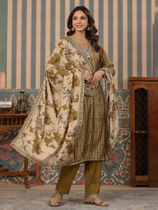 Olive printed kurti set with dupatta