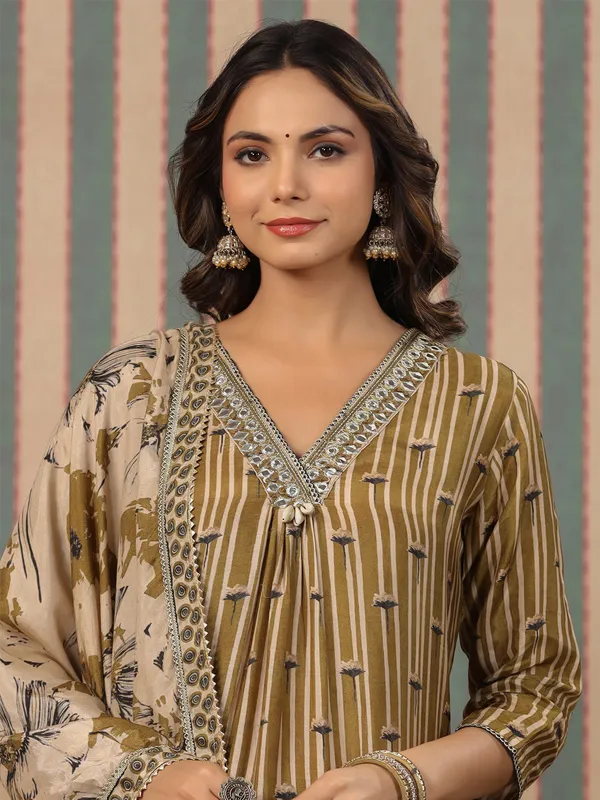 Olive printed kurti set with dupatta