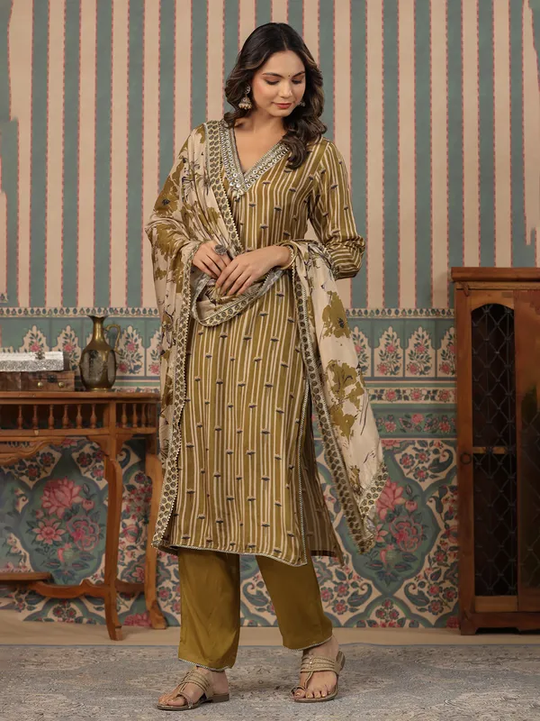 Olive printed kurti set with dupatta