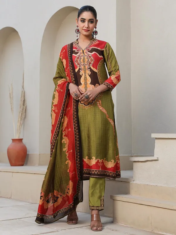Olive printed kurti set with dupatta for women