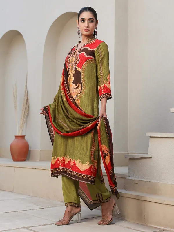 Olive printed kurti set with dupatta for women