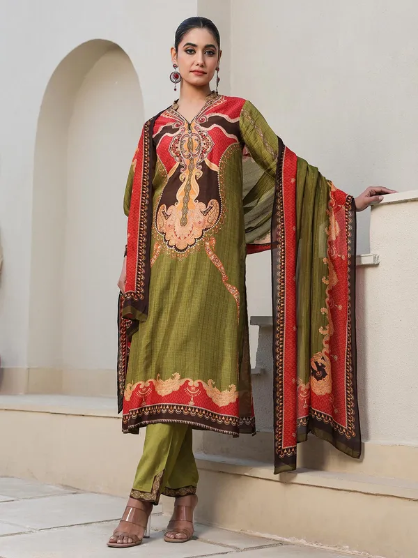 Olive printed kurti set with dupatta for women