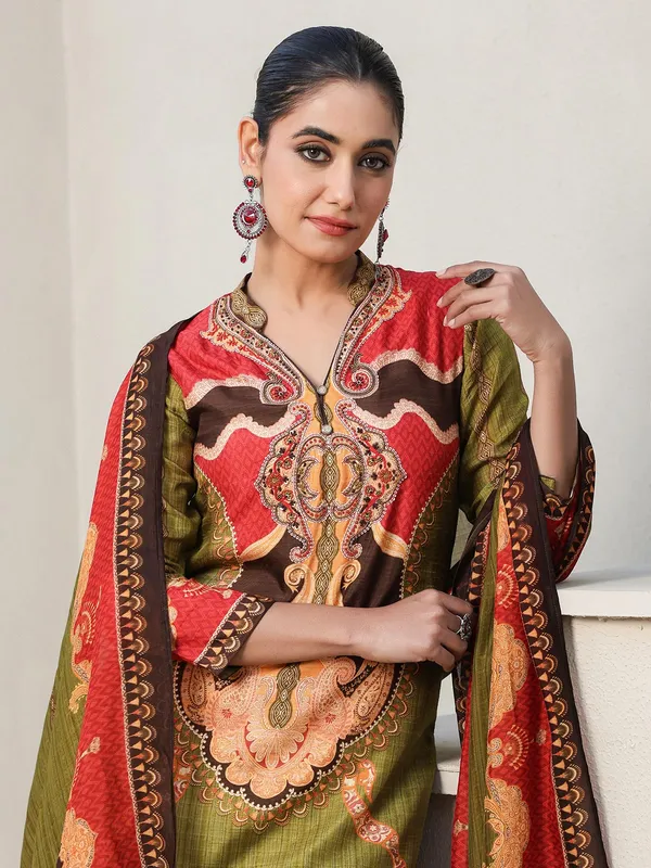 Olive printed kurti set with dupatta for women