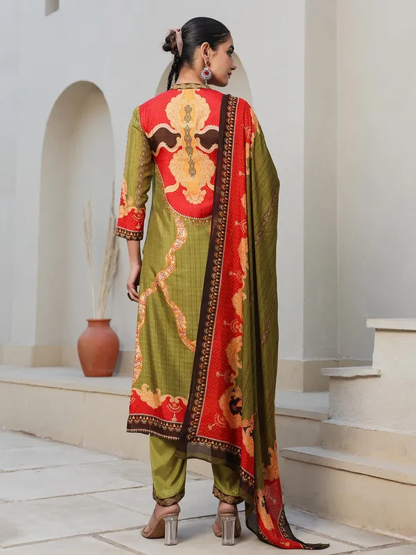 Olive printed kurti set with dupatta for women
