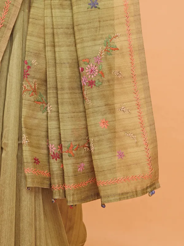 Olive printed linen saree for women