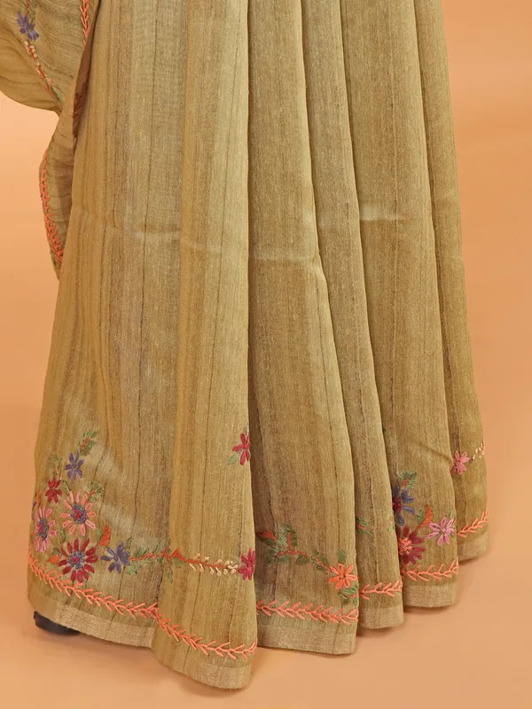 Olive printed linen saree for women