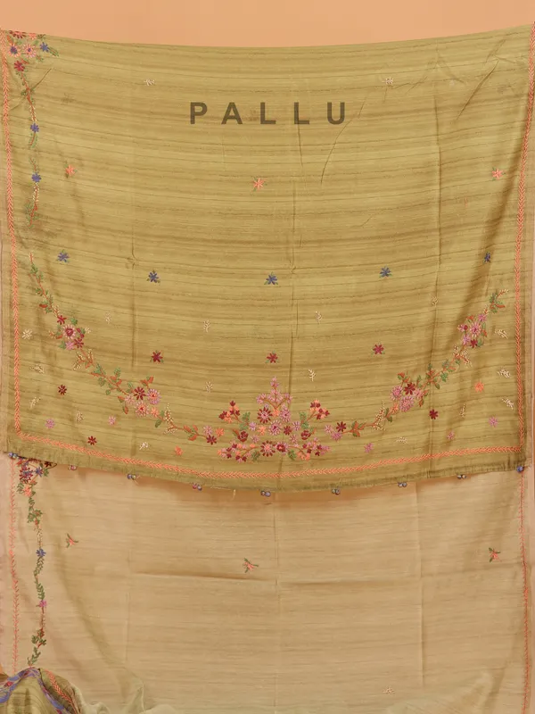 Olive printed linen saree for women