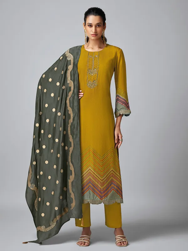 Olive printed salwar suit in tusser silk