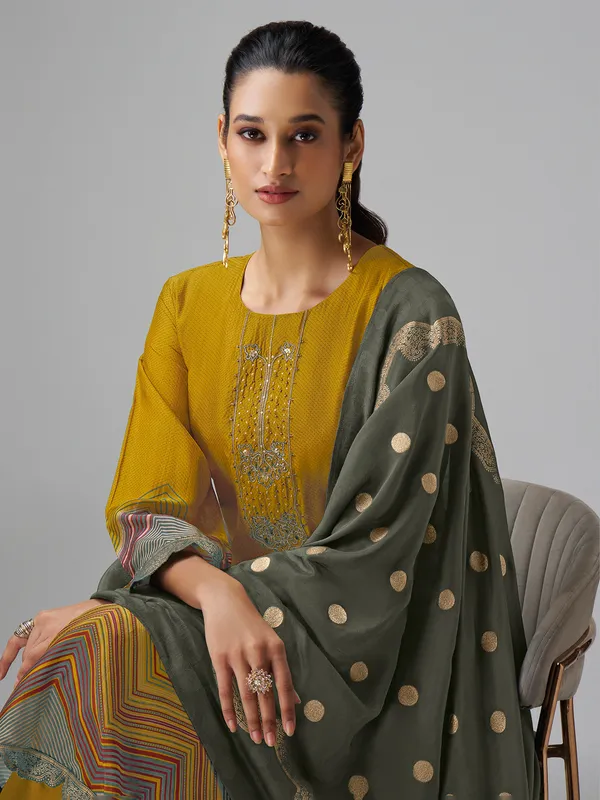 Olive printed salwar suit in tusser silk