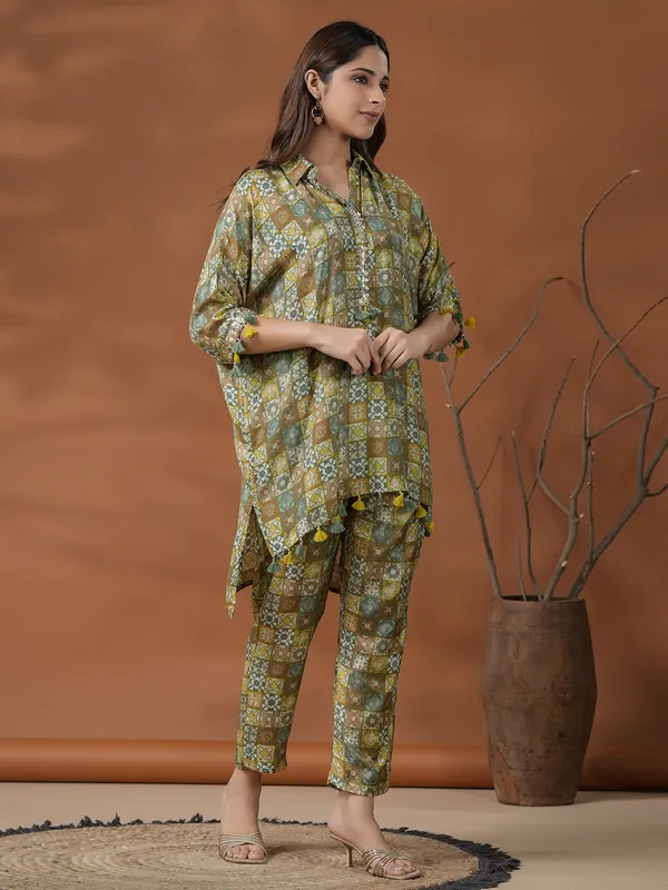 Olive printed silk casual co ord set