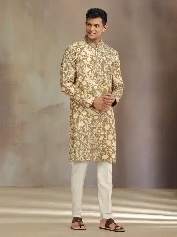 Olive printed silk kurta suit with resham and sequins