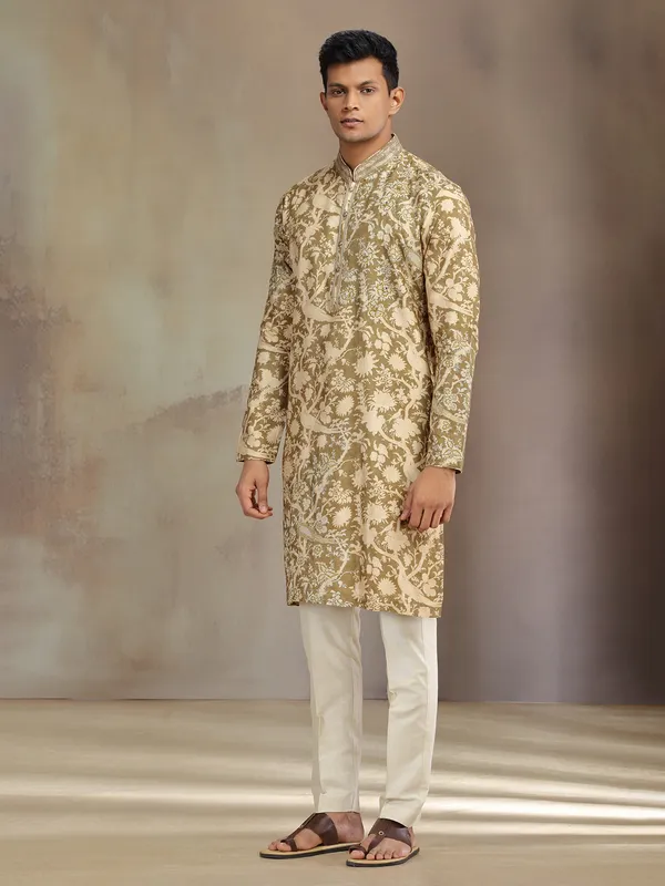 Olive printed silk kurta suit with resham and sequins
