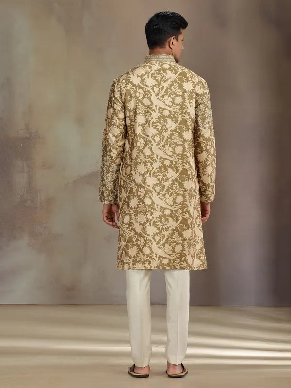 Olive printed silk kurta suit with resham and sequins