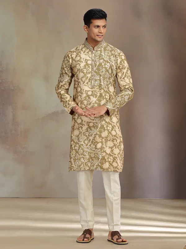 Olive printed silk kurta suit with resham and sequins