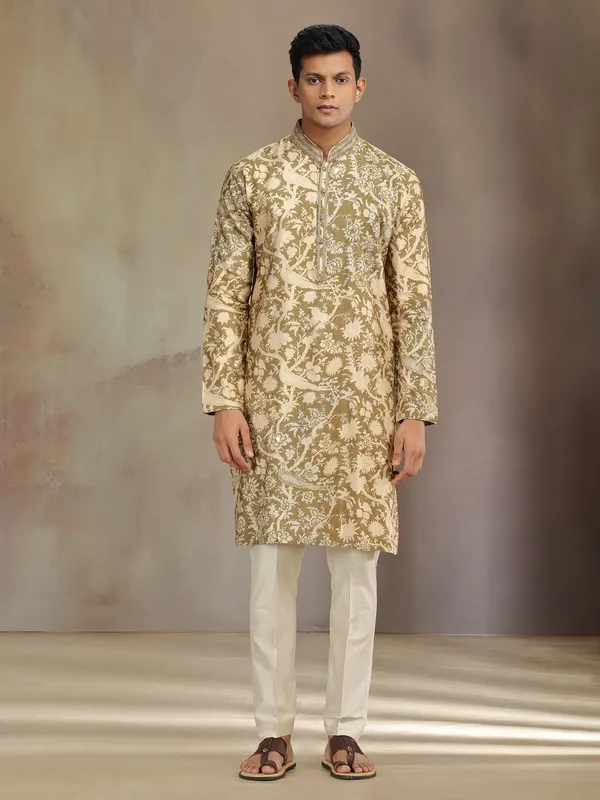 Olive printed silk kurta suit with resham and sequins