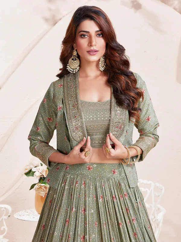 Olive printed silk lehenga choli with jacket