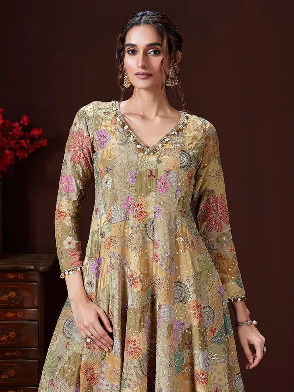 Olive printed silk palazzo suit with dupatta