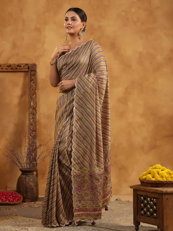 Olive printed silk saree for festive occasions