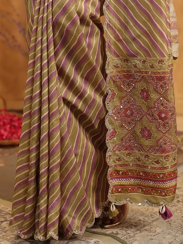Olive printed silk saree for festive occasions