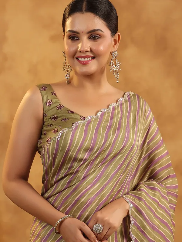 Olive printed silk saree for festive occasions