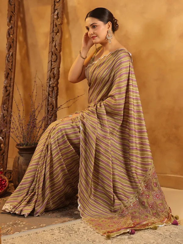 Olive printed silk saree for festive occasions