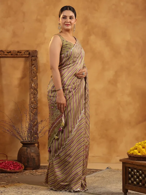 Olive printed silk saree for festive occasions