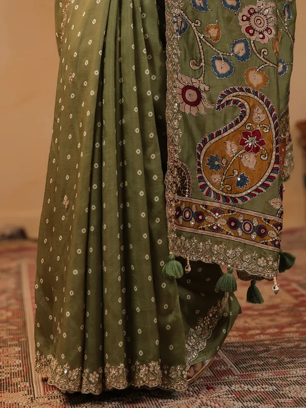 Olive printed silk saree with resham touches
