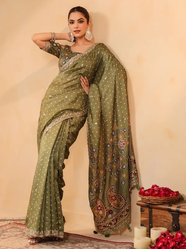 Olive printed silk saree with resham touches