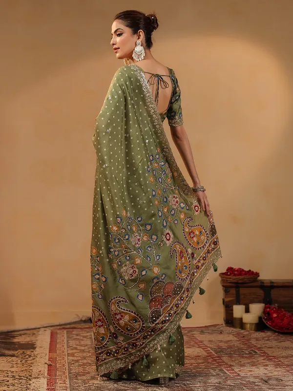 Olive printed silk saree with resham touches