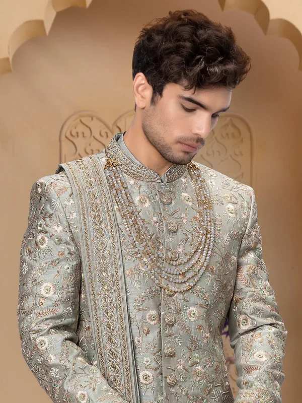 Grey raw silk wedding wear men sherwani