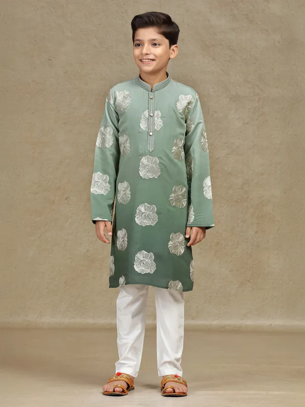 Olive resham worked silk boys kurta suit