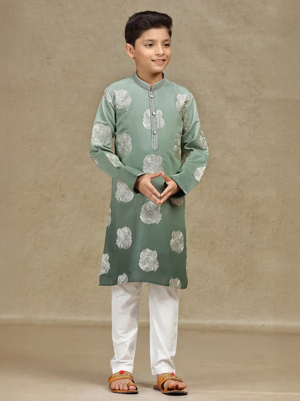 Olive resham worked silk boys kurta suit