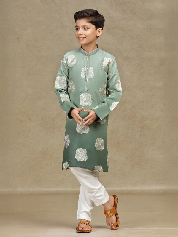Olive resham worked silk boys kurta suit