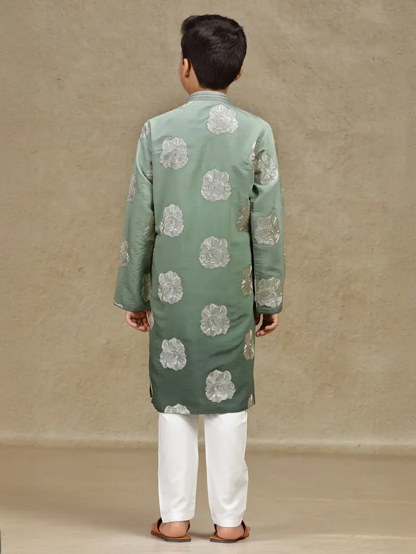 Olive resham worked silk boys kurta suit