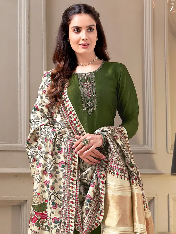 Olive salwar suit with printed dupatta