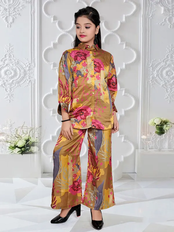 Multi color satin silk printed co ord set