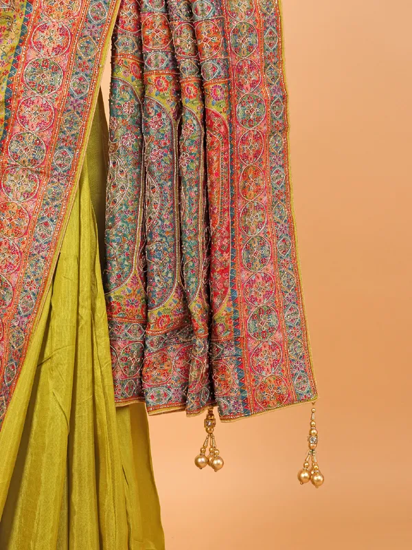 Olive semi pashmina saree for women