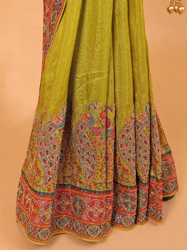 Olive semi pashmina saree for women