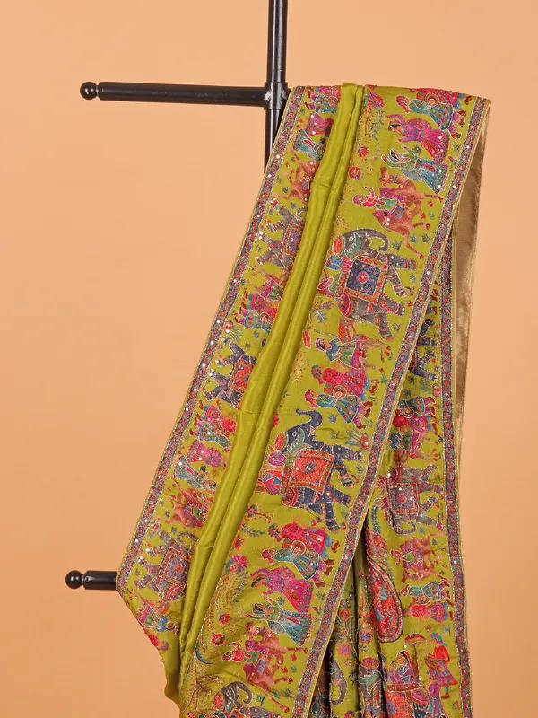 Olive semi pashmina saree for womne